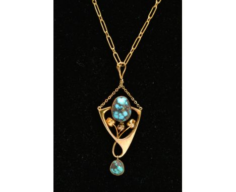 A YELLOW METAL TURQUOISE PENDANT NECKLACE, the pendant of an openwork floral drop design, set with a central oval turquoise c