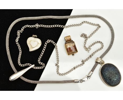 TWO WHITE METAL PENDANT NECKLACES AND TWO SEPARATE PENDANTS, the first designed with an oval black druzy onyx cabochon pendan