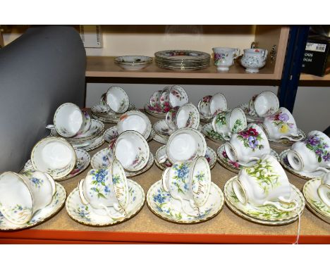 ROYAL ALBERT FLOWER OF THE MONTH SERIES CUPS AND SAUCERS, complete set plus spares, June, October and December are trio's, re