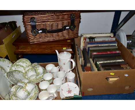 TWO BOXES OF BOOKS, TEA AND COFFEE WARES, A WICKER PICNIC HAMPER, etc including a Victorian walnut whatnot base, the Crown St