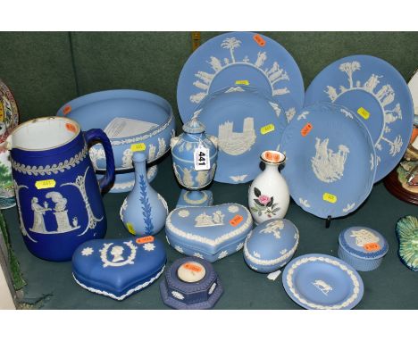 A COLLECTION OF PALE BLUE AND DARK BLUE WEDGWOOD JASPERWARE, etc, including an octagonal tea light holder, two heart shaped t