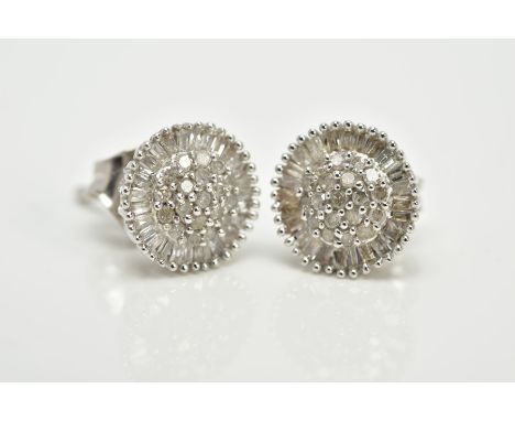 A PAIR OF WHITE METAL CLUSTER EARRINGS, each of a circular form, set with single cut diamond detailed centre, within a tapere