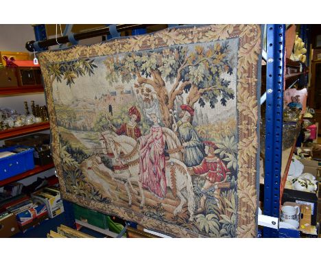A MODERN MACHINED TAPESTRY OF FIGURES WITH FALCONS ON HORSEBACK, mounted on a wooden pole, tapestry approximately 90cm x 119c