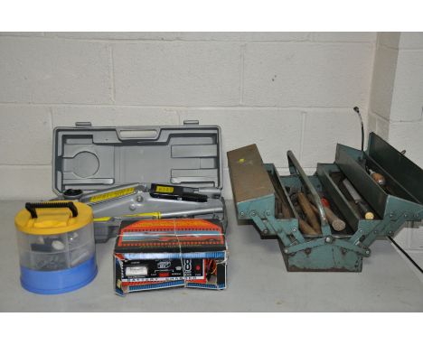 A CASED TROLLEY JACK, a metal toolbox with tools, a battery charger and a hardware caddy with hardware inside (4)