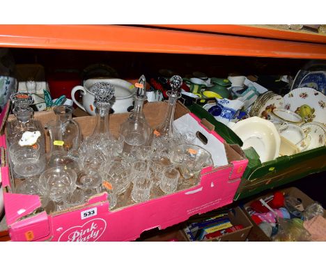 SIX BOXES AND LOOSE CERAMICS, GLASSWARE, etc, including blue and white transfer printed meat plates, four decanters, six Mint