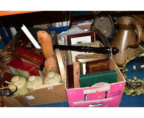 THREE BOXES AND LOOSE SUNDRY ITEMS to include brass saucepans and candlesticks, large copper pitcher, bed warming pan, pewter