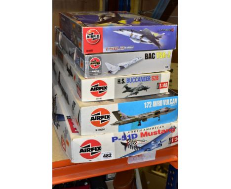 FIVE BOXED UNBUILT AIRFIX PLASTIC CONSTRUCTION KITS, all are military aircraft including 1/24 scale North American P-51D Must