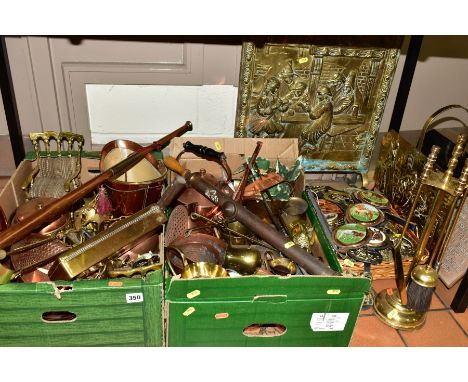 TWO BOXES, A BASKET AND LOOSE BRASSWARES, COPPER AND OTHER METALWARES, to include horse brasses, brass fire screen, companion