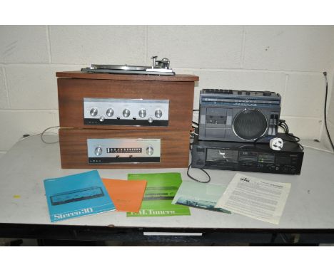 A VINTAGE COMPONENT HI FI EQUIPMENT, including a Garrard Syncro-Lab 95 Turntable, a Leak Stereo 30 Amplifier, a Leak Trough L