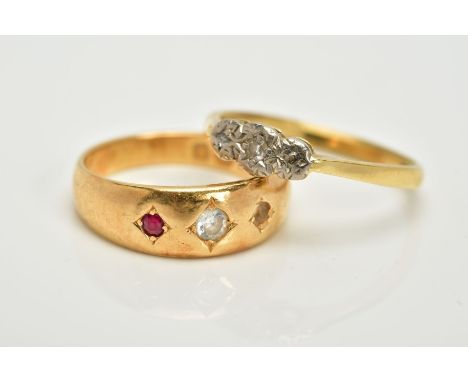 TWO 18CT GOLD GEM SET RINGS, to include a three stone single cut diamond ring, tapered shoulders, hallmarked 18ct Sheffield, 