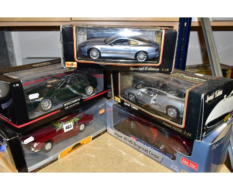 FIVE BOXED 1/18 SCALE MODERN DIECAST BRITISH SPORTS CAR MODELS, Chrono 1963 Aston Martin DB5, No H1002, Minichamps 2004 Aston