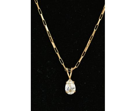A 9CT GOLD CHAIN WITH A GOLD PLATED PASTE PENDANT, the chain of an elongated box link design fitted with a spring clasp, hall