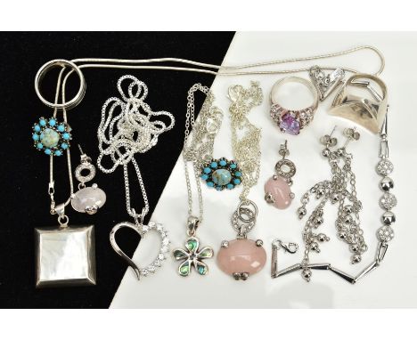 A COLLECTION OF WHITE METAL ASSORTED JEWELLERY ITEMS to include a pair of turquoise stud earrings, a rose quartz pendant and 