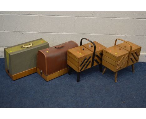 TWO BEECH CANTILEVER SEWING BOXES (one leg missing) together with two vintage sewing machines including Alfa and Cresta (4)