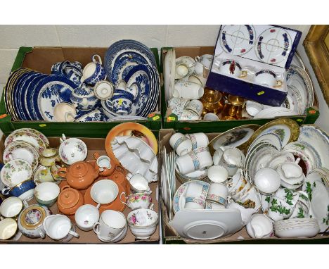 FOUR BOXES TEA/DINNER WARES, to include bachelors teapot, Booths 'Real Old Willow' plates and teawares, Royal Worcester gilt 