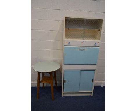 A VINTAGE BLUE AND WHITE PAINTED KITCHEN UNIT/CABINET, width 76cm x depth 42cm x height 180cm, together with a circular Formi