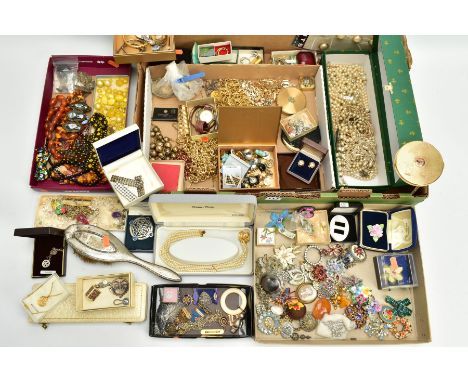 A BOX OF MOSTLY COSTUME JEWELLERY, to include pieces such as a silver baby rattle in the form of a child, hallmarked Birmingh