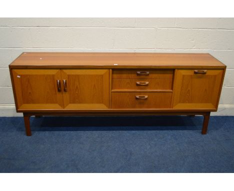 A G PLAN TEAK SIDEBOARD, with double cupboard doors and a single fall front cupboard door flanking three drawers, the top dra