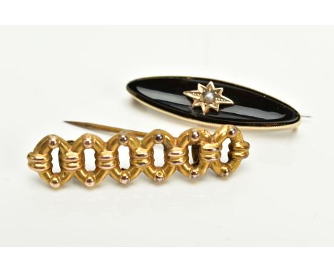 TWO VICTORIAN BROOCHES, to include a hollow chain brooch, with beaded detail, fitted with a brooch pin, hallmarked 9ct gold B