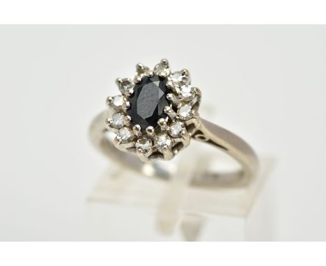 AN 18CT WHITE GOLD SAPPHIRE AND DIAMOND CLUSTER RING, the raised cluster designed with a central oval cut blue sapphire, with