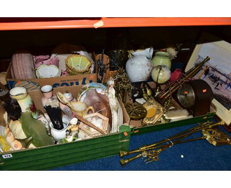 THREE BOXES AND LOOSE SUNDRY ITEMS, ETC, to include brass fireside companion set, brass candlesticks with glass droppers, bug