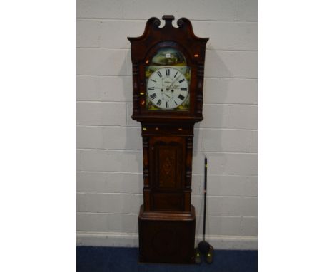 AN EARLY VICTORIAN MAHOGANY, OAK AND MAHOGANY EIGHT DAY LONGCASE CLOCK, the hood with a swan neck pediment, the arched glazed