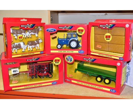 FIVE BOXES BRITAINS FARMYARD MODELS AND ACCESSORIES, Ford 5000 tractor No 42196, Vaderstad Seed Drill, No 40922, Twin Axle Fl