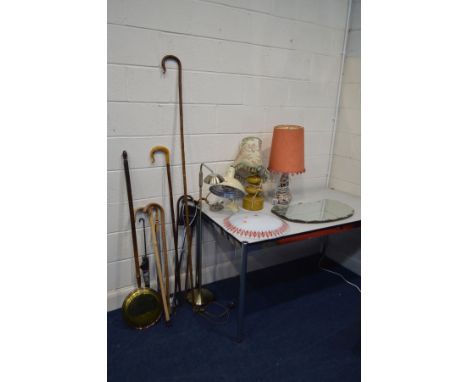 A COLLECTION OF MISCELLANEOUS, to include a vintage Pifco radiant heat lamp, two table lamps with shades, a retro domed glass