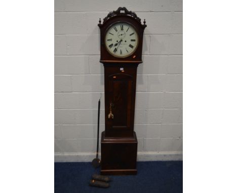 A 19TH CENTURY FLAME MAHOGANY EIGHT DAY LONGCASE CLOCK, the hood with a circular glass door enclosing a 11'' enamel dial, sig