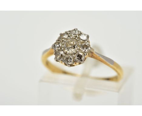 A DIAMOND CLUSTER RING, set with old cut diamonds, tapered shoulders, total estimated diamond weight 0.45cts, stamped 18ct an