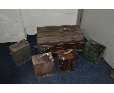FOUR VINTAGE PETROL CANS comprising of three Shell cans (two with Shell brass caps the other with a Pratts), an unbranded can
