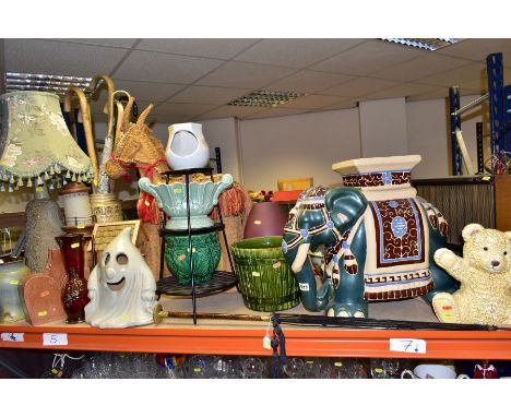 A GROUP OF CERAMICS, WALKING STICKS, ETC, including an Edwardian umbrella handle with gold plated mounts, a straw donkey, ass