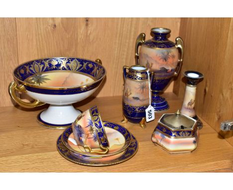 A GROUP OF NORITAKE 'DESERT' SCENED ITEMS, two twin handled vases, height 14cm and pedestal vase, height 20cm, a pedestal twi