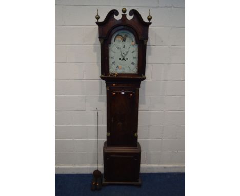 A GEORGE IV MAHOGANY EIGHT DAY LONGCASE CLOCK, signed Burn, Walsall, the hood with a swan neck pediment and triple finials, C