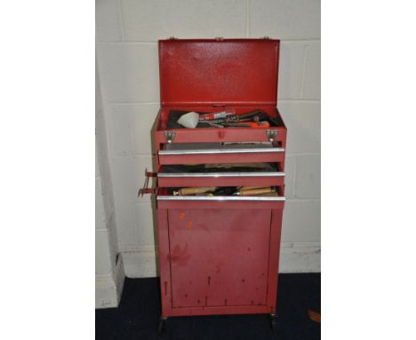 A TWO PIECE METAL TOOL CHEST CONTAINING TOOLS, chests comprise of a top box with lidded top and three drawers above a single 