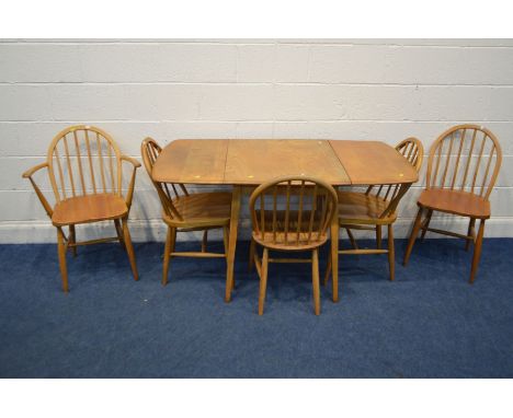 A 1950'S BLONDE ERCOL ELM AND BEECH MODEL 383 DROP LEAF DINING TABLE, on square tapering legs, open length 128cm x closed len