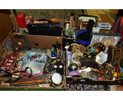 FOUR BOXES OF COLLECTABLES, METALWARES, tins, buttons, back scratchers, shoe horns, an alarm clock, boxed cribbage board, bro