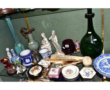 A GROUP OF CERAMICS, GLASSWARE, METALWARE, etc, including a Spode Stone China blue and white printed warming plate, a gong st