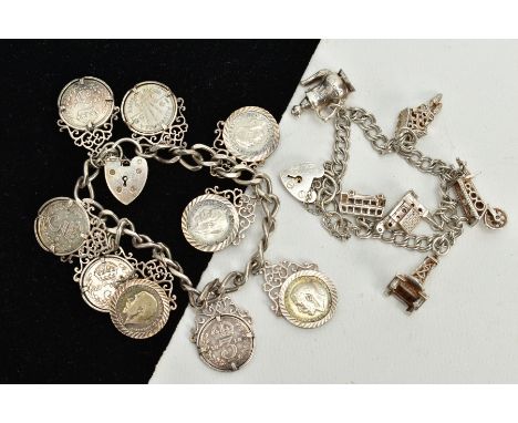 TWO SILVER CHARM BRACELETS, the first suspending nine three pence coins, all within a collet mount and an openwork scroll det