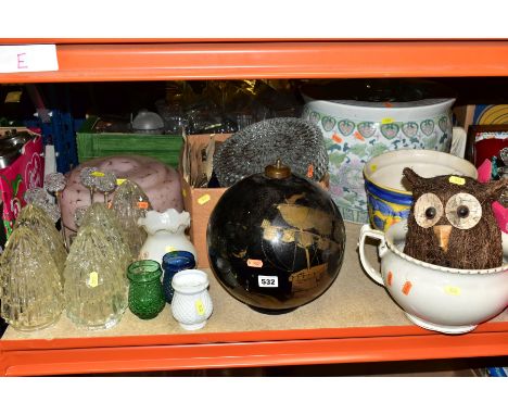 A COLLECTION OF GLASS LIGHT SHADES, CANDLE HOLDERS, etc, including a collection of coloured tea light holders believed to be 