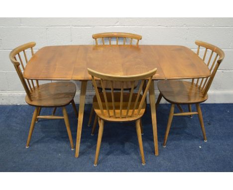 A BLONDE ERCOL MODEL 383 ELM AND BEECH DROP LEAF DINING TABLE, open length 138cm x closed length 66cm x depth 75cm x height 7