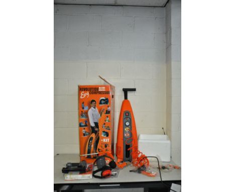 AN ABAC REVOLUTION AIR EASY COMPRESSOR in box with various air tools and a Performance air brad nailer