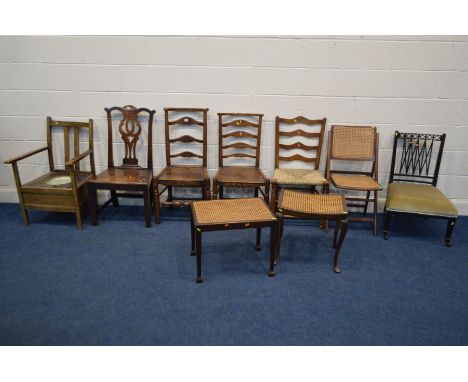 FOUR VARIOUS PERIOD COUNTRY OAK CHAIRS, one rush seated, together with two cane topped stools, folding chair, ebonised chair 