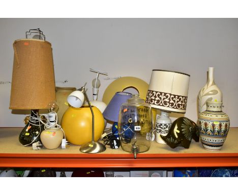 A GROUP OF CERAMIC AND METAL TABLE LAMPS, etc, including a glass 'GIN' barrel, height 31cm, with black marker pen inscription