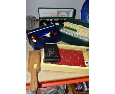 A SMALL QUANTITY OF GAMES, including a small wooden Chad Valley pin ball game, a pair of wooden butter pats, a vest pocket Ko