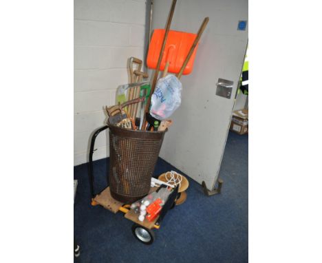 A MODERN SACK TRUCK and a quantity of garden tools along with various gold balls, etc