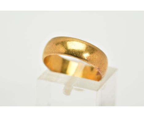 A 22CT GOLD WIDE WEDDING BAND, plain polished design, hallmarked 22ct gold Birmingham, ring size L, approximate gross weight 