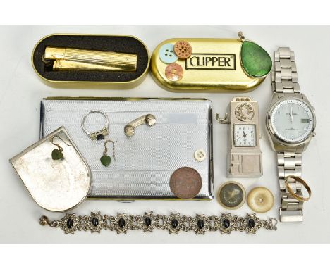 A BOX OF ITEMS, to include a small box of watch parts and coins, a white metal cigarette case, a gold back and front damaged 