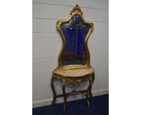 A FRENCH GILTWOOD MIRROR BACK CONSOLE TABLE, with a marble top, width 100cm x depth 31cm x height 200cm x height of base 81cm