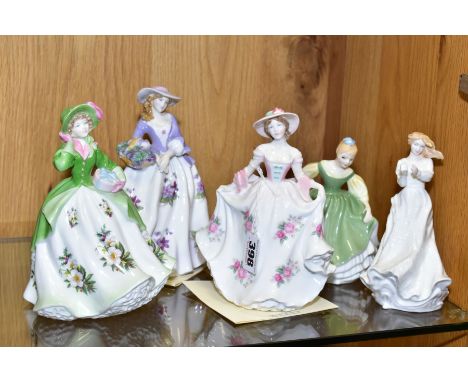 TWO ROYAL DOULTON LADIES AND THREE LIMITED EDITION ROYAL WORCESTER LADIES, comprising Royal Doulton 'Fair Maiden' HN2211 and 
